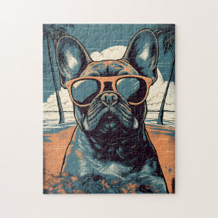 Puzzle French Bulldog avec lunettes de soleil sur une pla