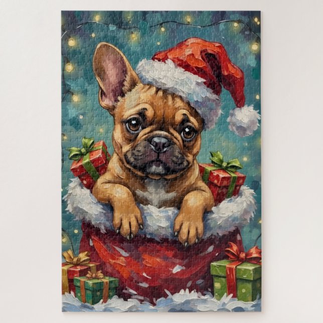 Puzzle French Bulldog Christmas Santa Bag Adventure (Vertical)