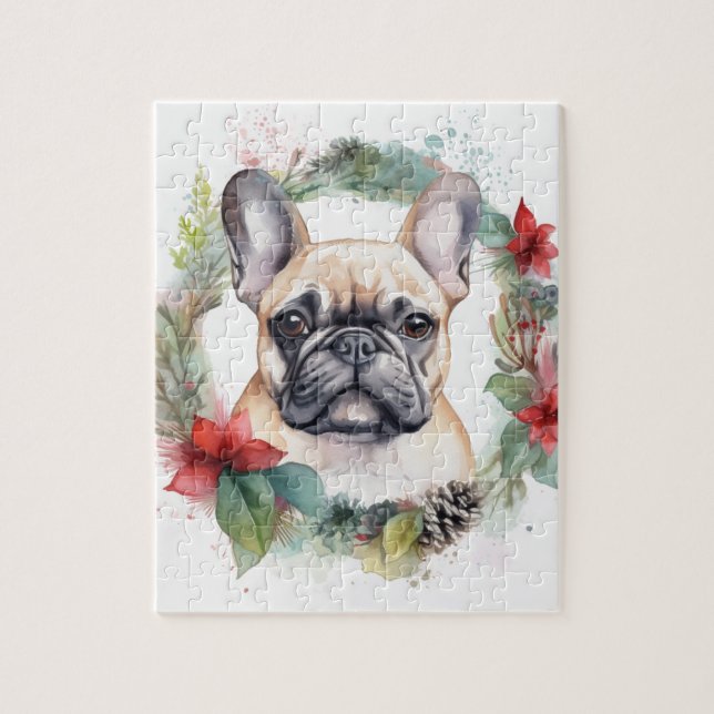 Puzzle French Bulldog Christmas Wreath Festive Pup (Vertical)