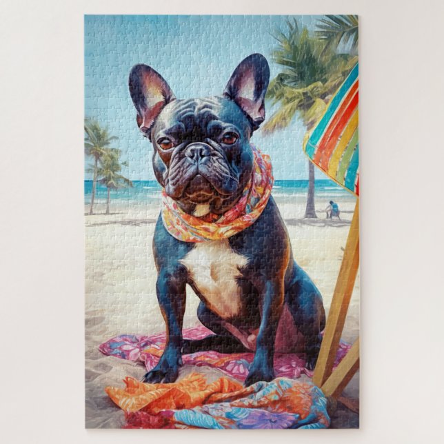 Puzzle French Bulldog sur la plage, cadeau d'été pour amo (Vertical)