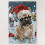 Puzzle French Bulldog Winter Wonderland Christmas Joie<br><div class="desc">Ce design festif reflète l'esprit joyeux de la période des fêtes, avec un adorable petit portant un chapeau de Père Noël. Le chien est niché dans un pays des merveilles hivernales, avec un bonhomme de neige, un sapin de Noël décoré et des cadeaux joliment emballés. Les flocons de neige tombent...</div>