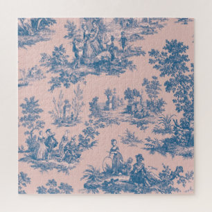 Puzzle French toile de jouy bleu et rose élégant