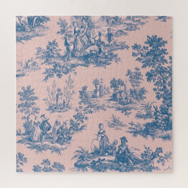 Puzzle French toile de jouy bleu et rose élégant (Vertical)