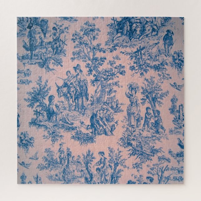 Puzzle French toile de jouy bleu et rose élégant (Vertical)