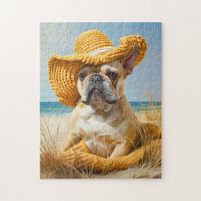 Puzzle Frenchie en chapeau de plage d'été (Vertical)