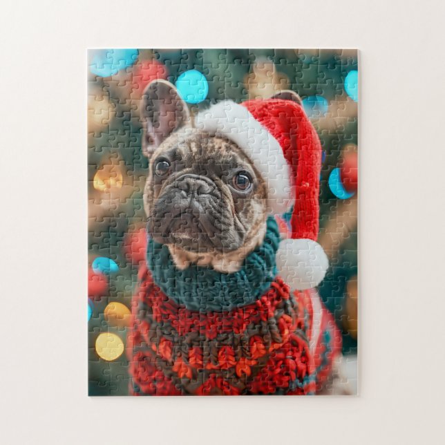 Puzzle Frenchie With Santa Hat Christmas Tree (Vertical)
