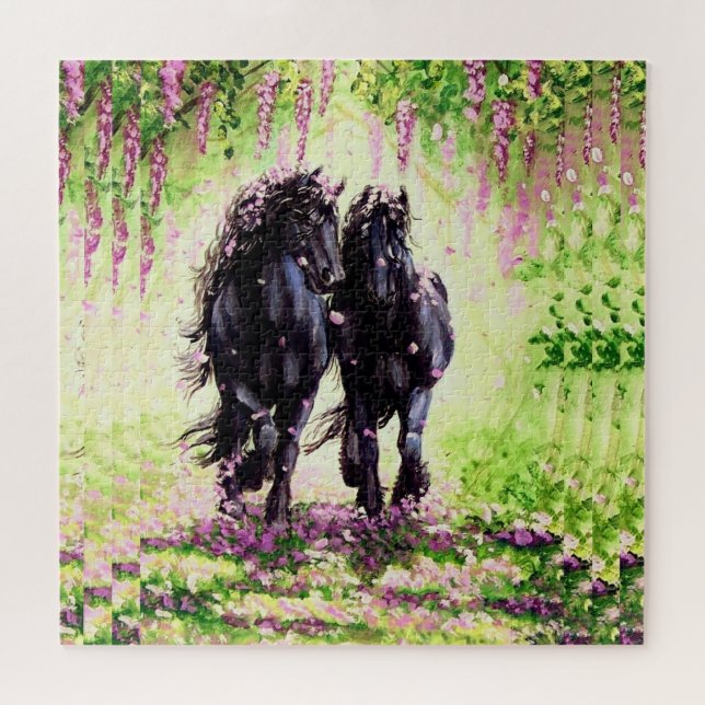 Puzzle Friesian black stallion and mare with wisteria (Horizontal)