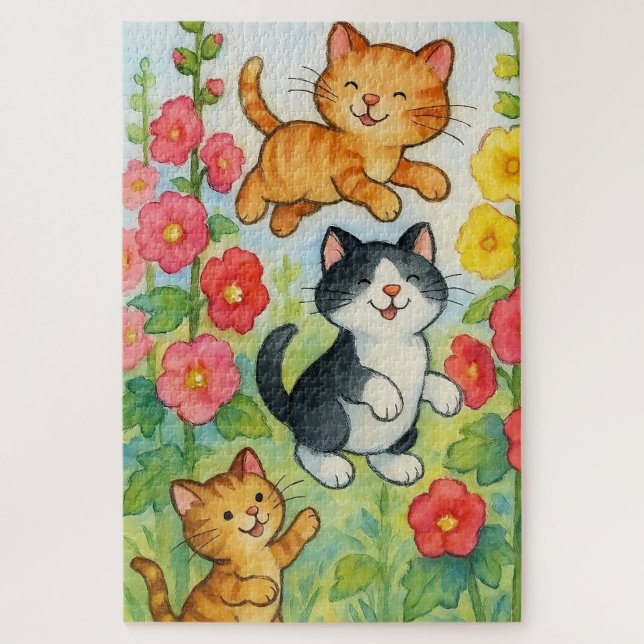 Puzzle Frolicking Country Chats in Flower Garden (Vertical)