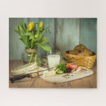 Puzzle Fromage rustique Pain Alimentation Tulipe Fleurs<br><div class="desc">Ce puzzles de puzzles de scie étonnant présente des tulipes jaunes,  du fromage,  du pain et du lait contre un arrière - plan rustique #nourriture #tulips #jigsawpuzzle #cadeaux #stockingstuffers</div>