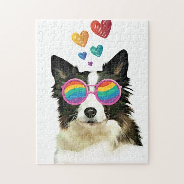 Puzzle Frontière Collie Chien avec Coeurs Saint-Valentin (Vertical)