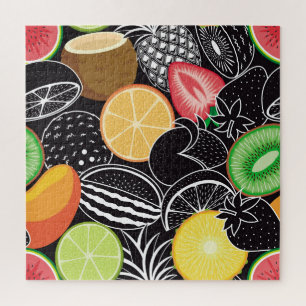 Puzzle Fruits tropicaux colorés, fond noir.