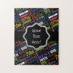 Puzzle Fun 70th Birthday Party monogram<br><div class="desc">Typographie unique et spéciale thème 70e anniversaire décoration et cadeaux de fête. Le texte comprend féroce et fab à 70. fabuleux à 70, fête extraordinaire 70e anniversaire, extra spécial 70e anniversaire, heureux 70e anniversaire, rocking 70e anniversaire, beau à 70, et extraordinaire 70e anniversaire. Texte coloré clair en jaune, rose, violet,...</div>