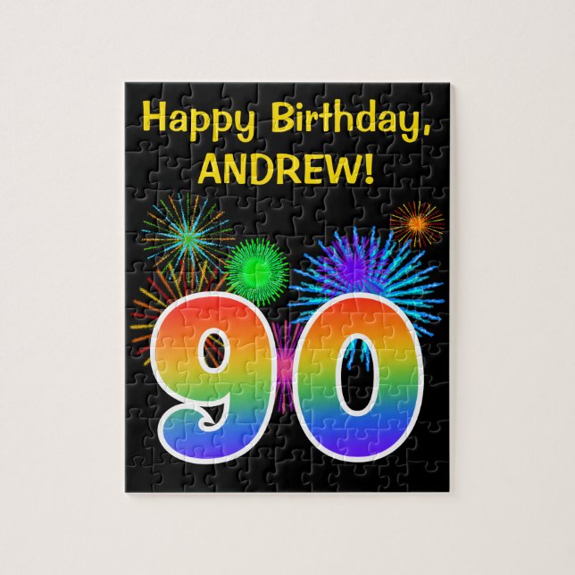 Puzzle Fun Fireworks + Rainbow Motif "90" Anniversaire # (Vertical)