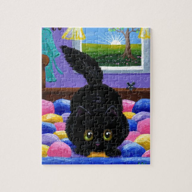 Puzzle Funny Black Cat Mouse Bed Creationarts (Vertical)