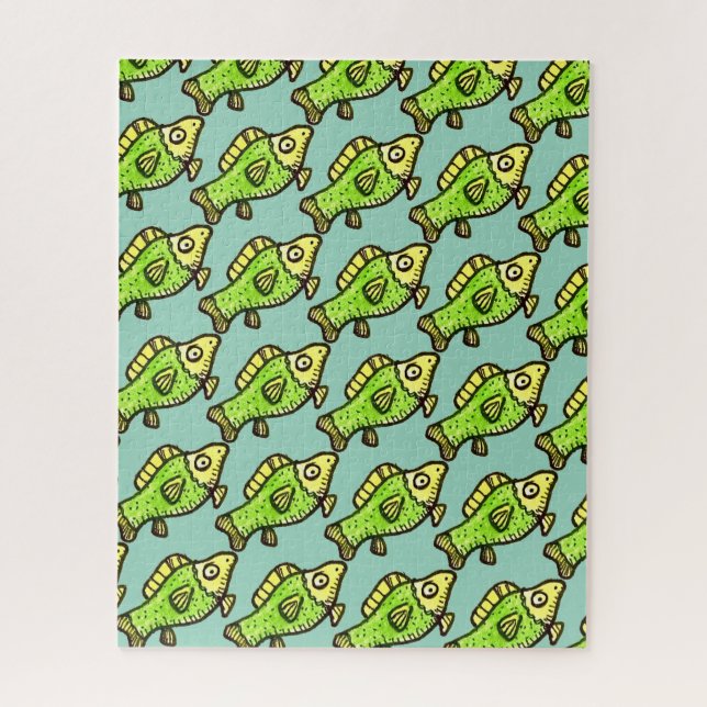 Puzzle Funny Cartoon Green Fish Drawing (Vertical)