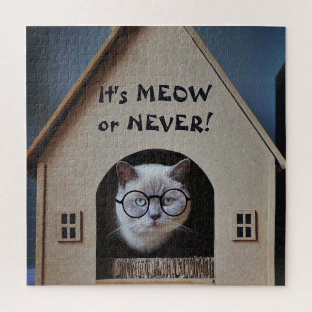 Puzzle Funny Cat With Glasses It's Meow or Never Quote (Vertical)
