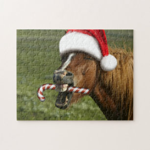Puzzle Funny Christmas horse with Santa a smiling