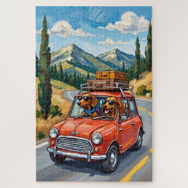 Puzzle Funny Dachshund Road Trip Adventure Dog Lover Art (Vertical)