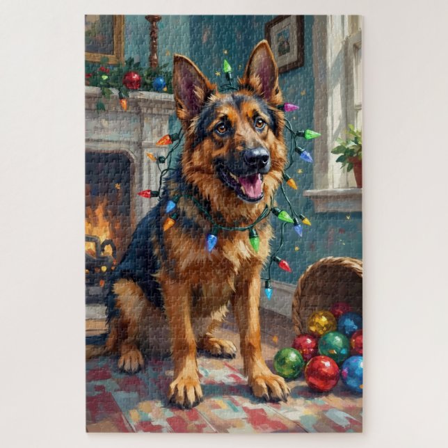 Puzzle Funny German Shepherd Tangled in Christmas Lights (Vertical)