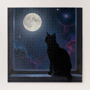 Puzzle Galaxie de la pleine lune de la fenêtre de chat no