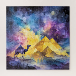 Puzzle Galaxie désertique à l'aquarelle Chameau Pyramide 