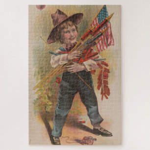 Puzzle Garçon avec Feux d'Artifice, Drapeau Américain, Im