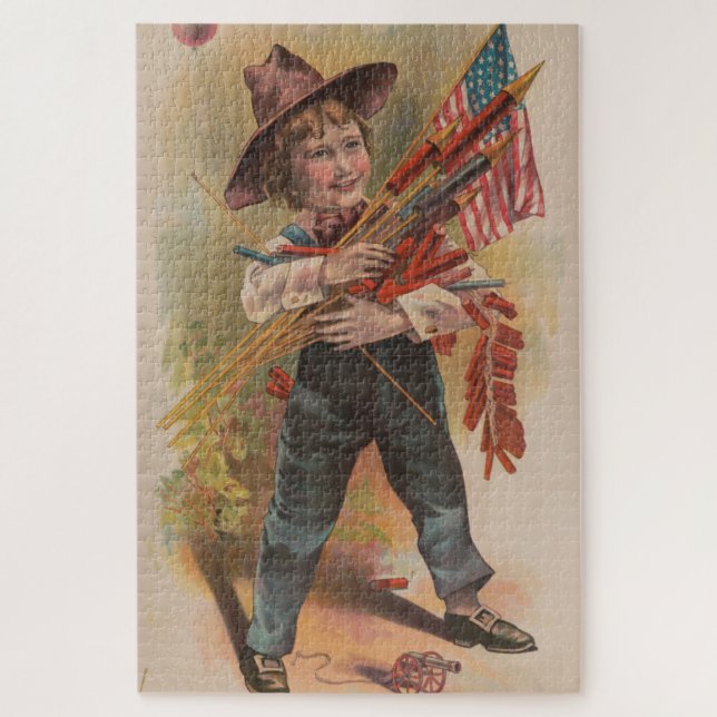 Puzzle Garçon avec Feux d'Artifice, Drapeau Américain, Im (Vertical)