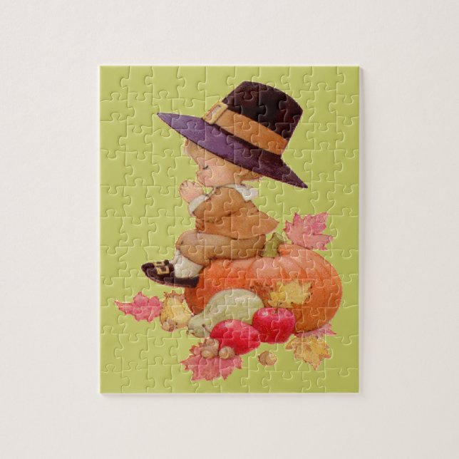 Puzzle Garçon pèlerin vintage priant sur Citrouille (Vertical)