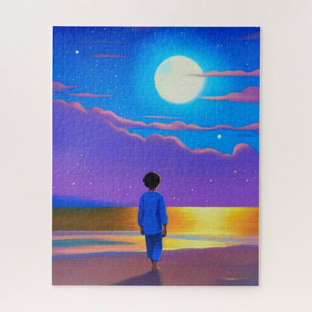 Puzzle Garçon sur la plage, regardant la lune (Vertical)