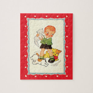 Puzzle Garçon vintage tenant un chaton avec des chiots de