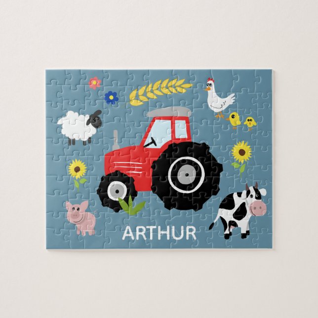 Puzzle Garçons Cute Blue Farm Tracteur et nom Enfants (Horizontal)