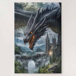 Puzzle Garde du dragon noir protégeant un château de mont