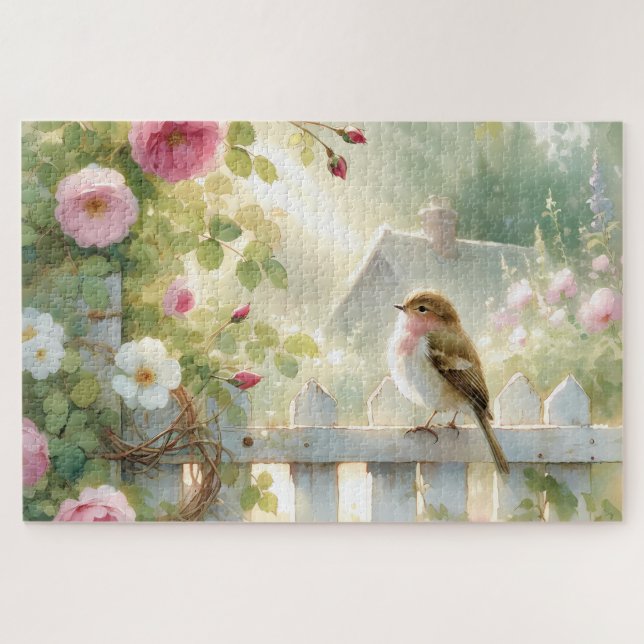 Puzzle Garden Rose Bird Watercolor Scene (Horizontal)