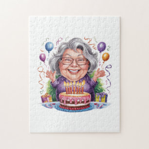 Puzzle Gâteau d'anniversaire d'une vieille dame excitée A