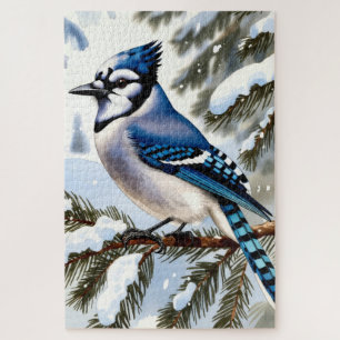 Puzzle Geai bleu dans les pins enneigés Aquarelle Hiver