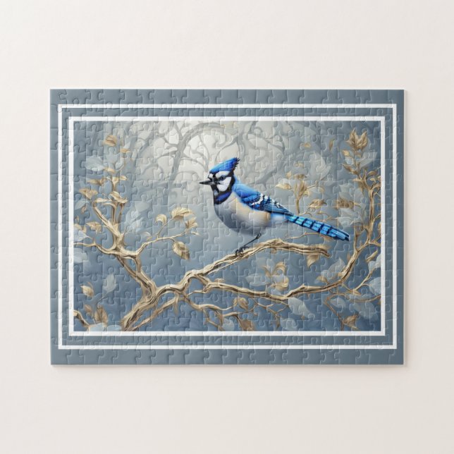 Puzzle Geai bleu majestueux sur branches dorées (Horizontal)