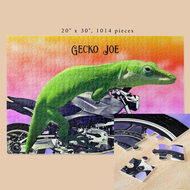 Puzzle Gecko Motorcycle Rider Pink Horizon Ajouter le nom (Gecko Motorcycle Rider Pink Horizon Add Name 20x30 Jigsaw Puzzle)