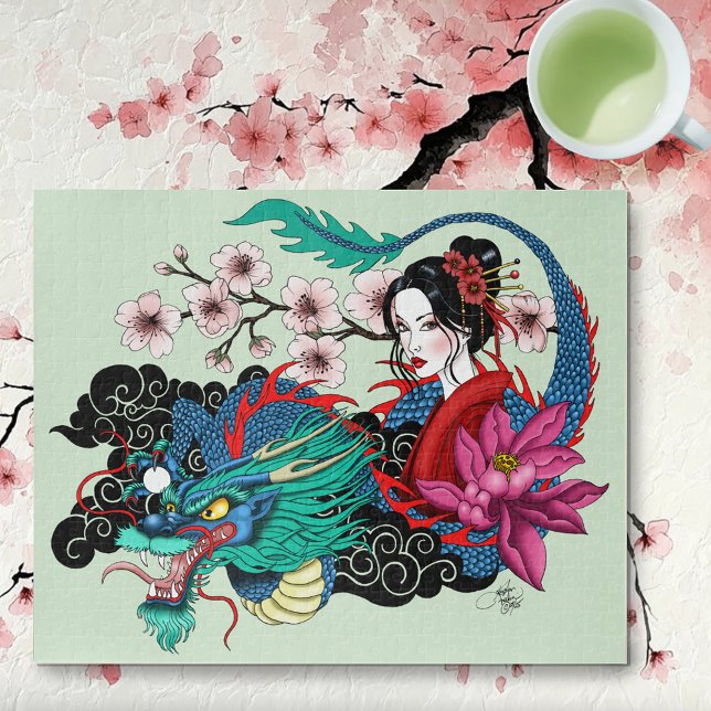 Puzzle Géisha asiatique dragon fleurs de cerisier bleu (Créateur téléchargé)