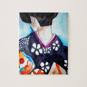 Puzzle Geisha avec kimono bleu foncé peinture d'art origi