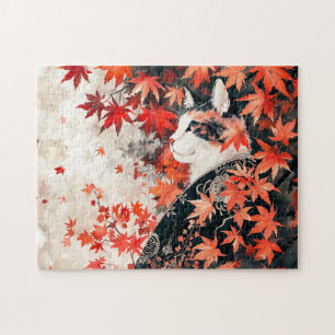 Puzzle Géisha Chat Noir et Blanc sous Feuilles d'Érable R