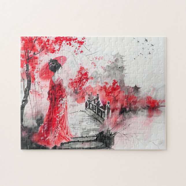 Puzzle Geisha chinois aquarelle sur un pont (Horizontal)