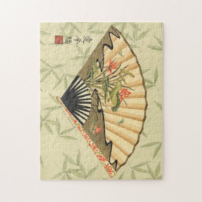 Puzzle Geisha Fan avec Feuille et Floral Print (Vertical)