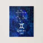Puzzle Gemini Zodiac Constellation Bleu Galaxie Monogramm<br><div class="desc">Gemini Zodiac Constellation Blue Galaxy Monogramme Design. Avec police de script brossé tendance, couleur arrière - plan céleste bleu foncé, constellation d'étoiles brillantes, et le symbole Twins. Symbole astrologique moderne Horoscope de naissance, est parfait pour tout anniversaire de Gemini Du 21 mai au 20 juin! Avec Monogrammed en option Premier...</div>