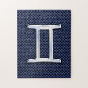 Puzzle Gemini Zodiac Symbol Navy Blue Carbon Fiber Print