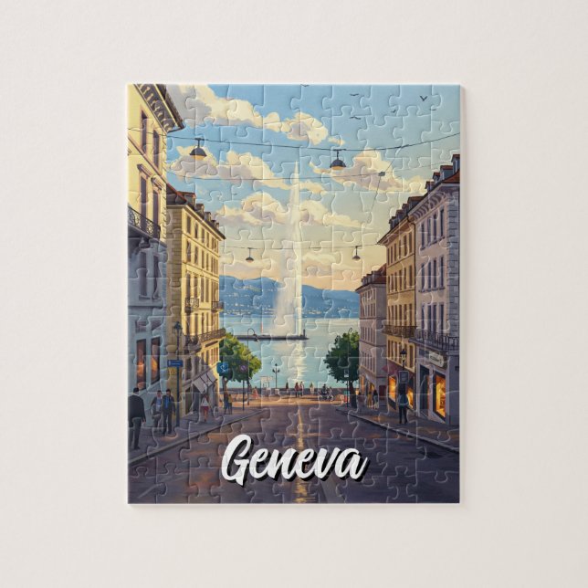 Puzzle Geneva Street Suisse Travel Jet d'eau Sunset (Vertical)