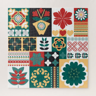 Puzzle Géométrique mexicaine : Ornement vert rouge.