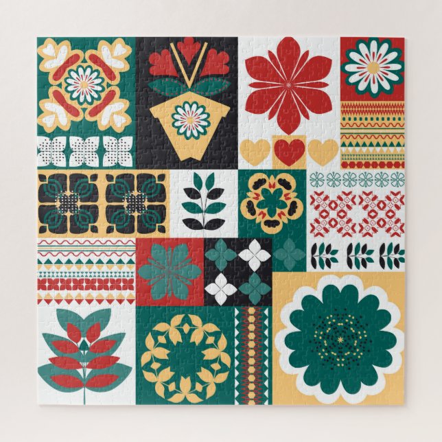 Puzzle Géométrique mexicaine : Ornement vert rouge. (Vertical)