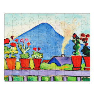Puzzle Geraniums avant la montagne bleue, peinture coloré