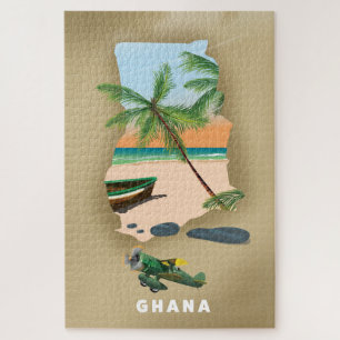 Puzzle Ghana map illustrated travel poster.