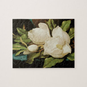 Puzzle Giant Magnolias on a Blue Velvet Cloth by MJ Heade